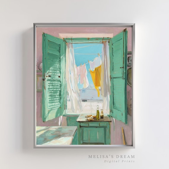 Turquoise Shutters Open Window Laundry Mediterranean Kitchen Art Poster