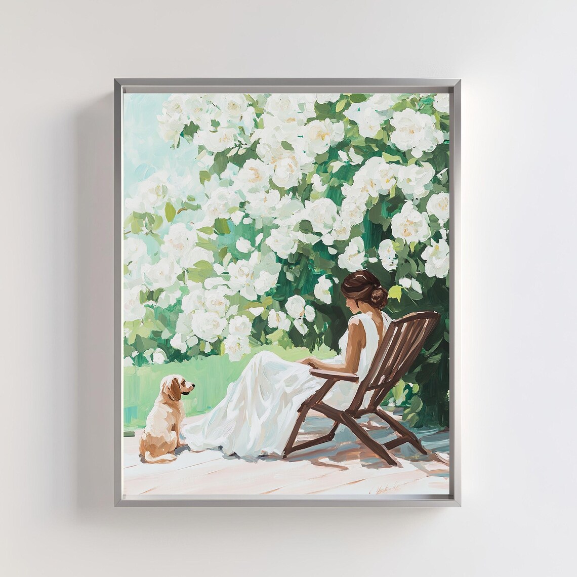 Woman With Dog In Blooming Garden Romantic Cottage Art Print