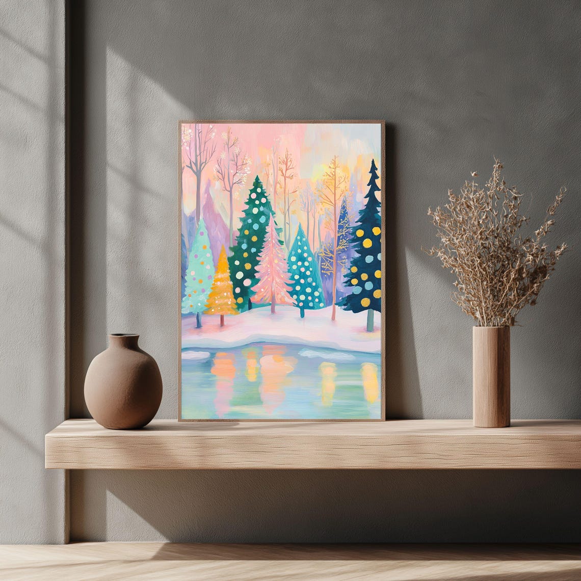 Whimsical Colorful Winter Forest Reflected In Frozen Lake Art Poster - Image 3