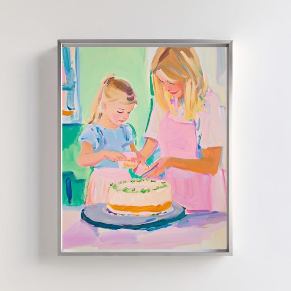 Mother And Daughter Baking Art Print Cake Decorating Scene Kids Kitchen Decor Pastel Family Wall Art Whimsical Cooking Illustration
