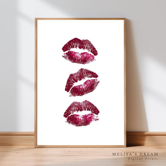 Red Lipstick Kiss Marks Glam Chic Makeup Room Beauty Trio Poster