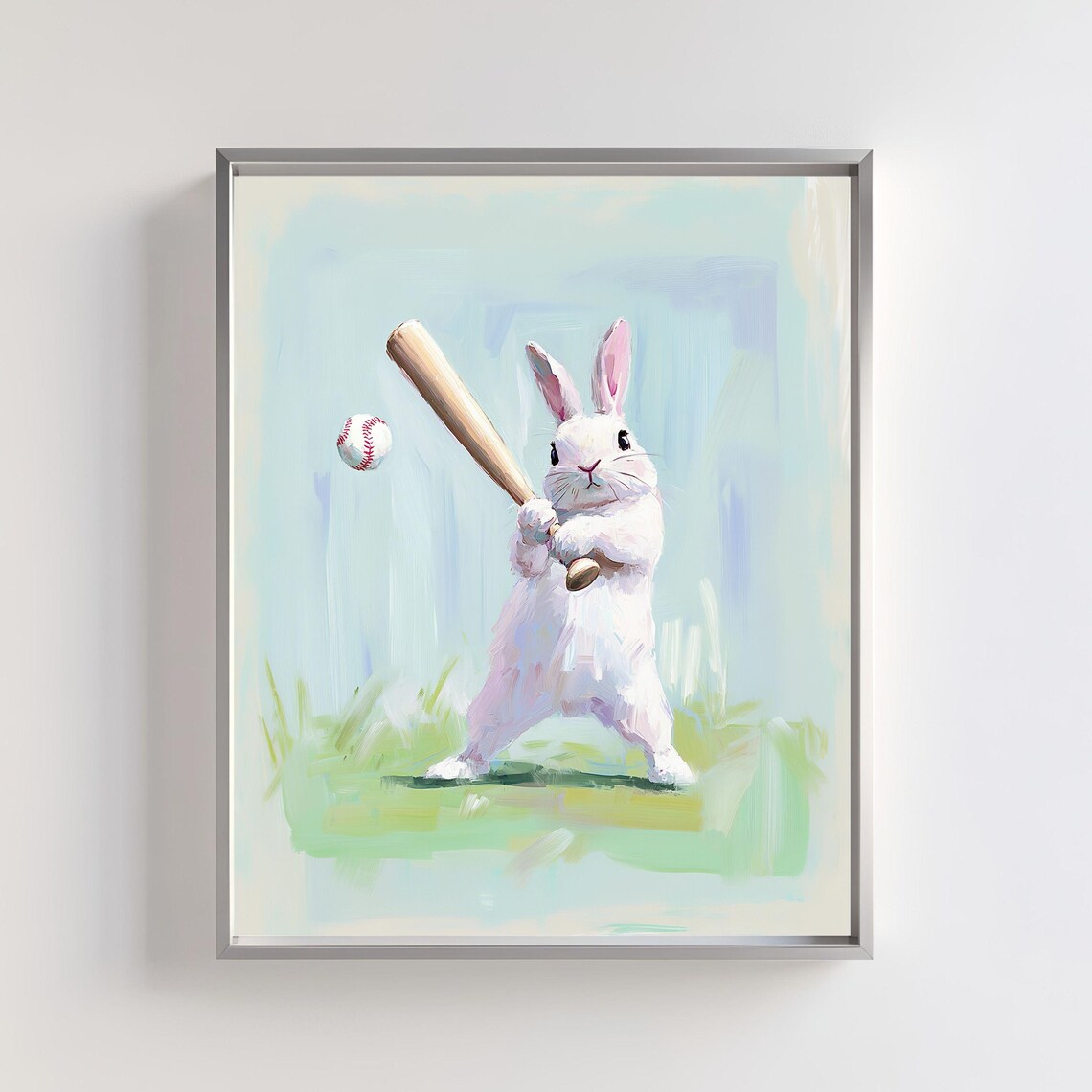 Playful Bunny Playing Baseball Soft Watercolor Kids Sports Poster - Image 5