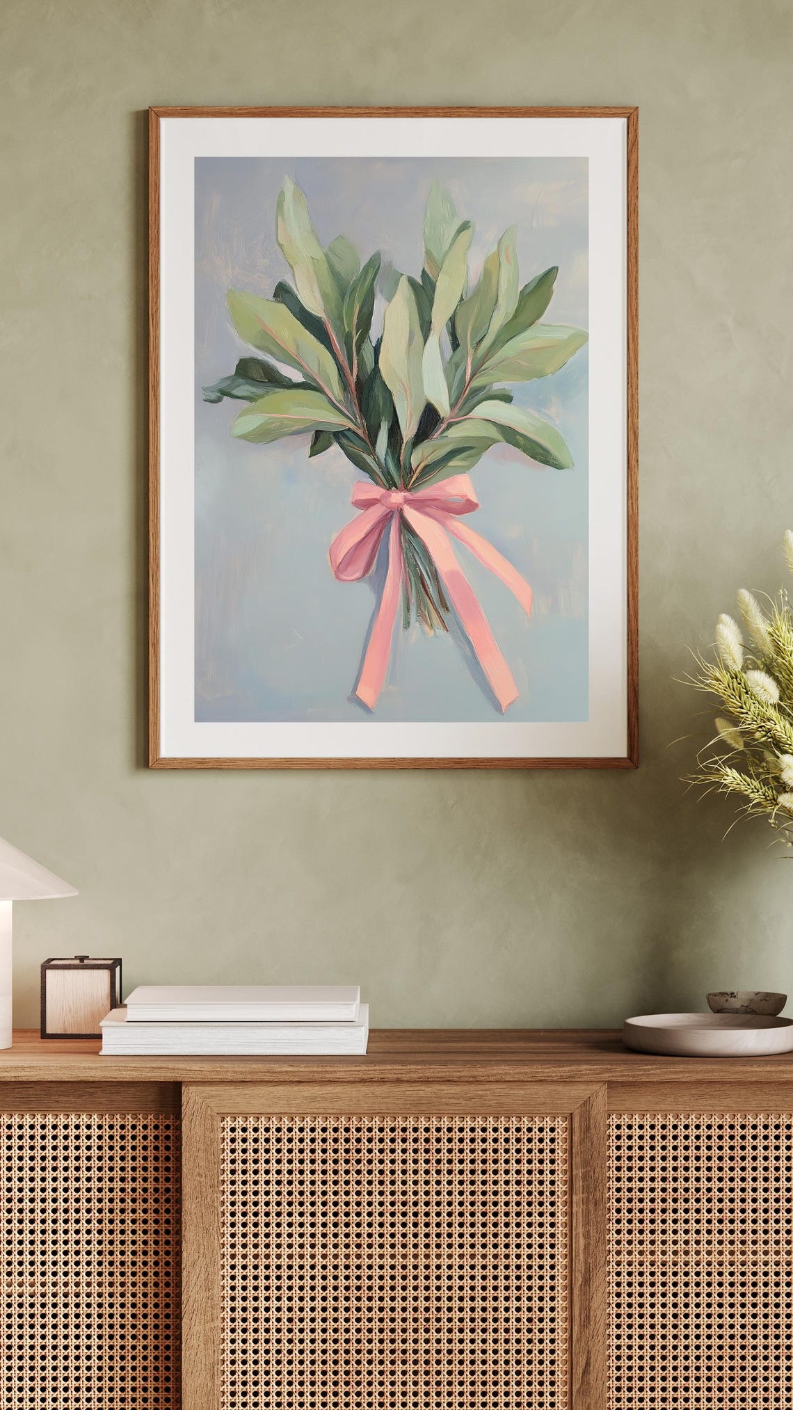 Minimalist Green Leaf Bouquet Tied With Pink Ribbon Art Poster - Image 3