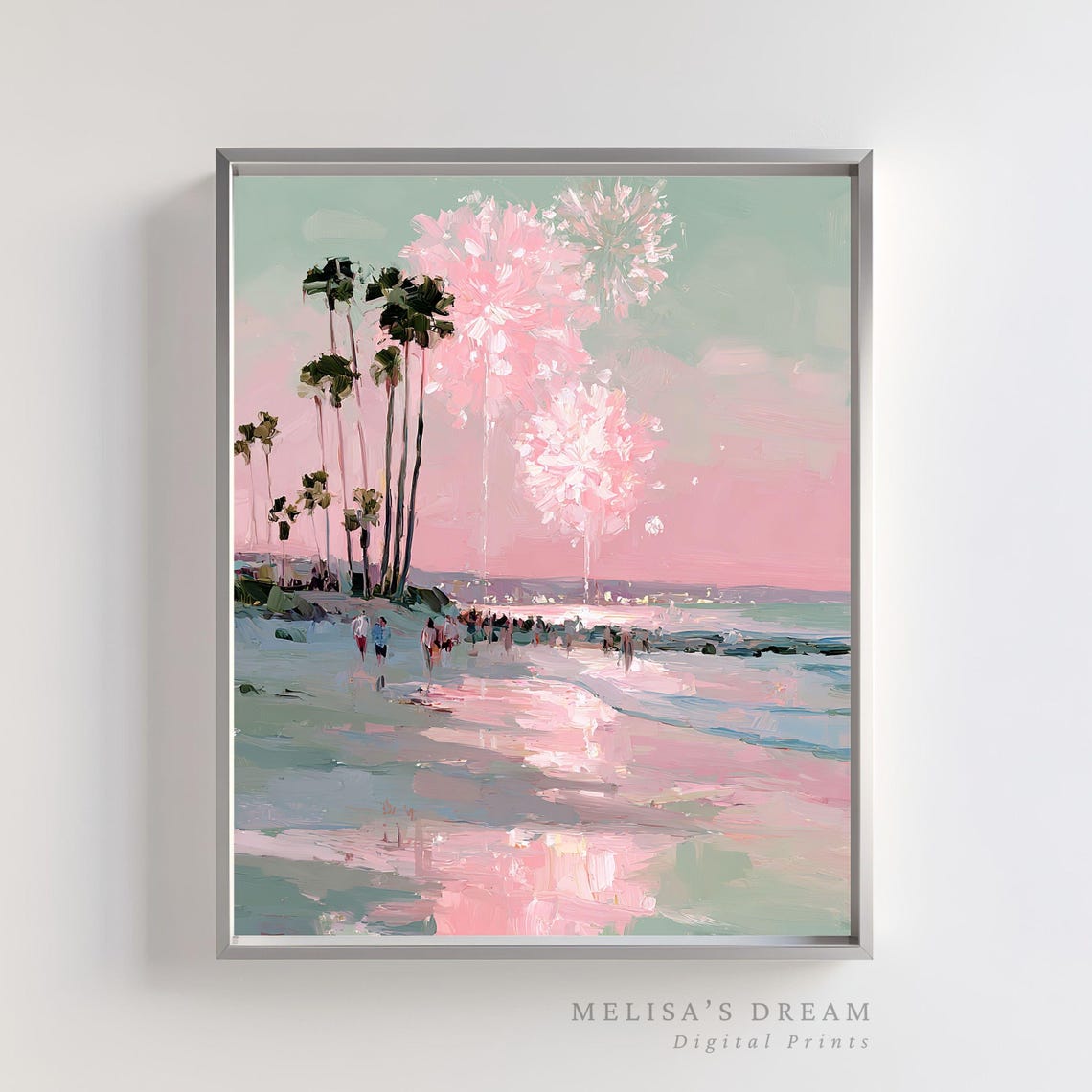 Pink Pastel Beach Fireworks Above Palm Trees Ocean Sunset Poster