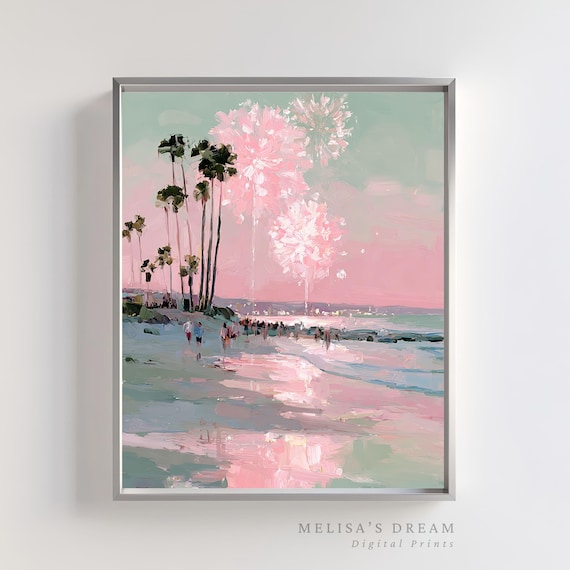 Pink Pastel Beach Fireworks Above Palm Trees Ocean Sunset Poster