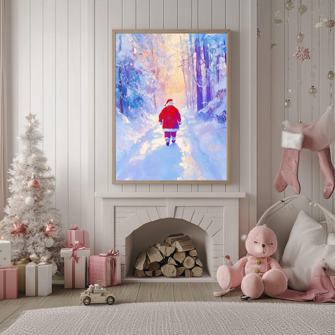 Santa Claus Walking Through Snowy Forest Christmas Eve Art Poster - Image 2