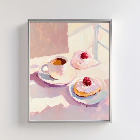 Coffee And Pastry Wall Art Raspberry Dessert Pastel Painting Feminine Kitchen Decor Brunch