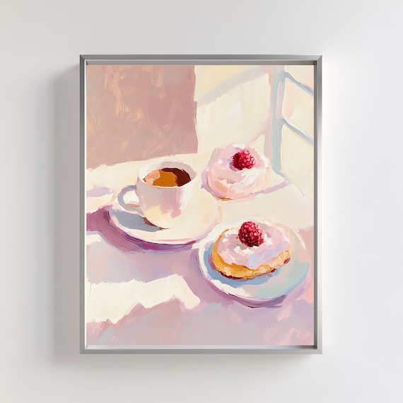 Coffee And Raspberry Pastries Pastel Kitchen Painting Poster