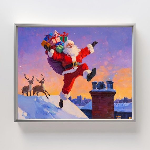 Santa Claus Dancing On Snowy Rooftop With Gift Sack Art Poster
