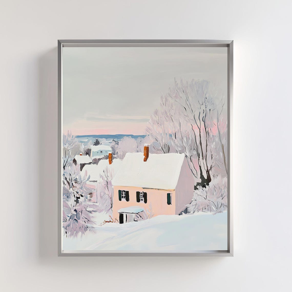 Winter Village Landscape Vintage Art Snowy Cottage Wall Decor Antique Farmhouse With Frosty Tree Cozy Winter Scenery