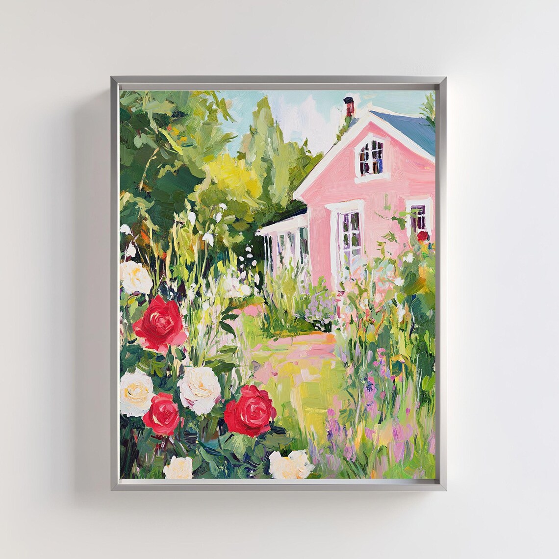 Cottage Garden Pink House With Roses Art Print