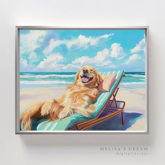 Happy Beach Dog Wall Art Golden Retriever Relaxing By Ocean Funny Summer Coastal Whimsical Pet Decor