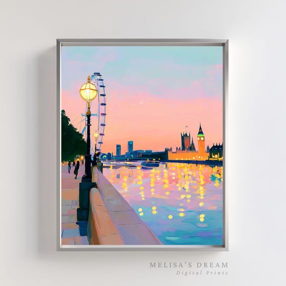 London Eye and Big Ben Sunset Pastel River Thames Skyline Poster