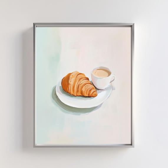 Coffee Croissant Print Coffee Inspired Art Decor French Cafe Croissant Poster Retro Coffee Lover Poster Minimalistic Coffee Decor