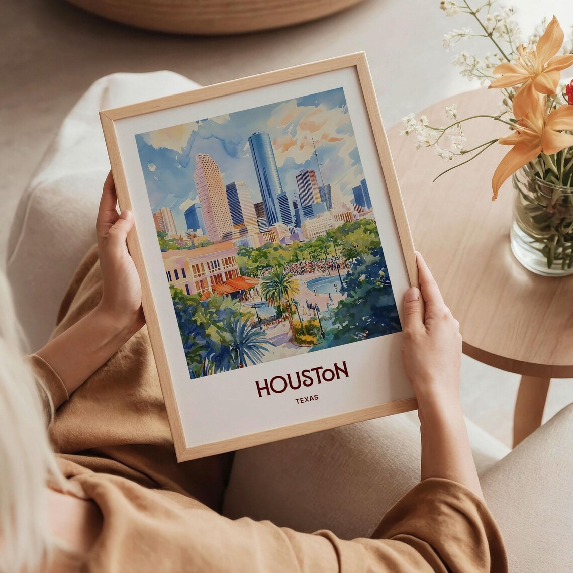 Houston Texas Watercolor Downtown Skyline Park Fountain City Art Poster - Image 5