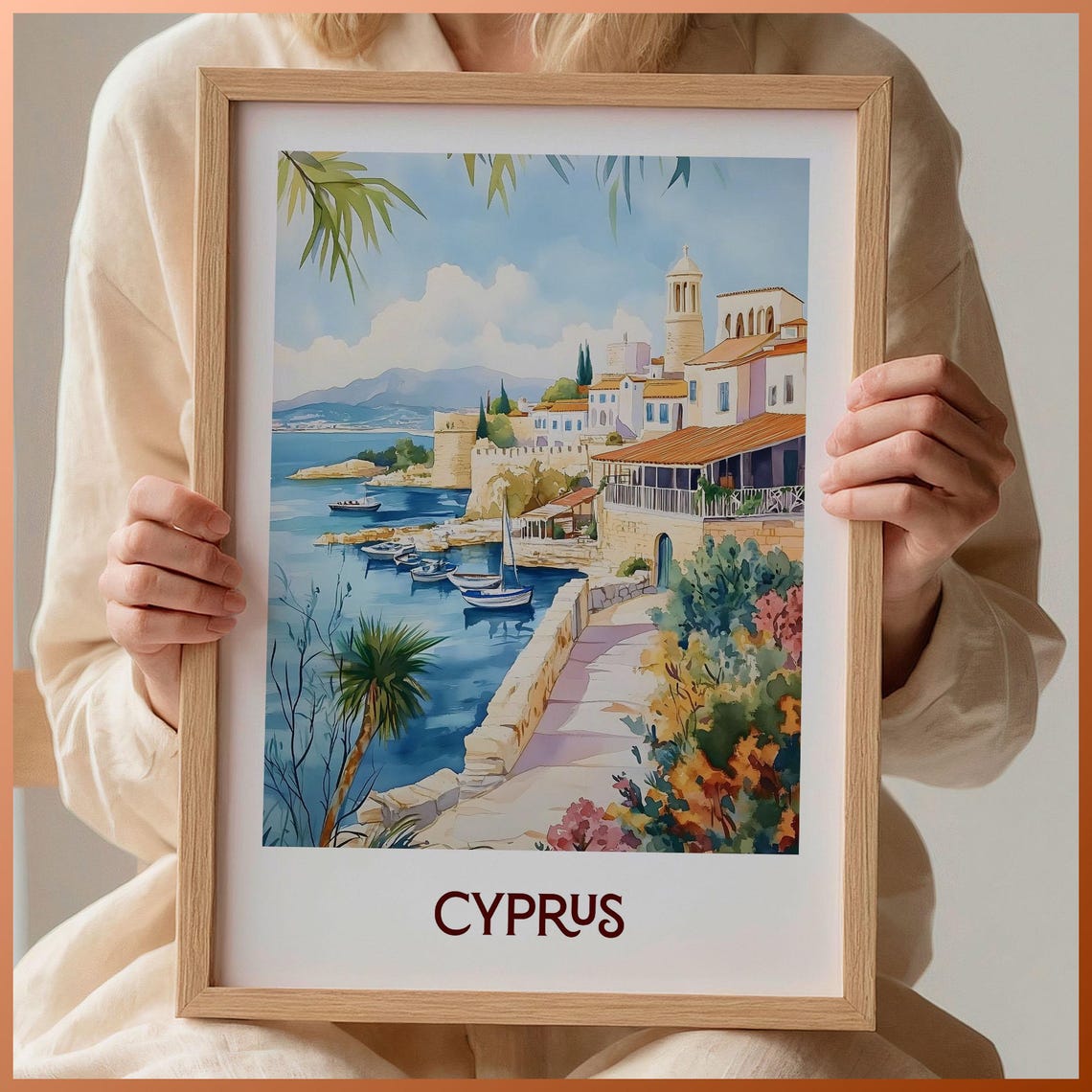 Cyprus Harbor Sailboats Whitewashed Town Watercolor Travel Poster