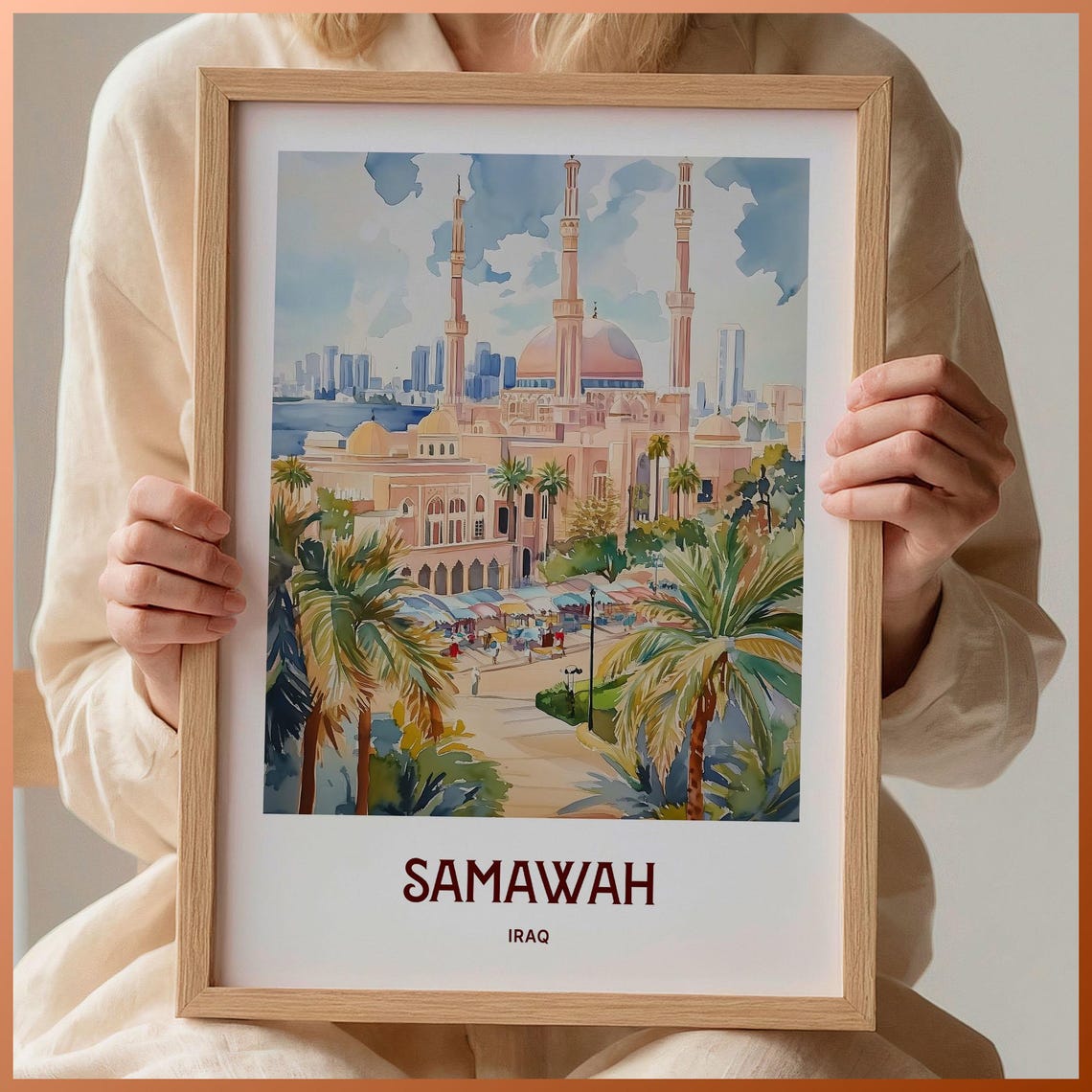 Samawah Iraq Watercolor Grand Mosque Minarets Palm Trees City Poster