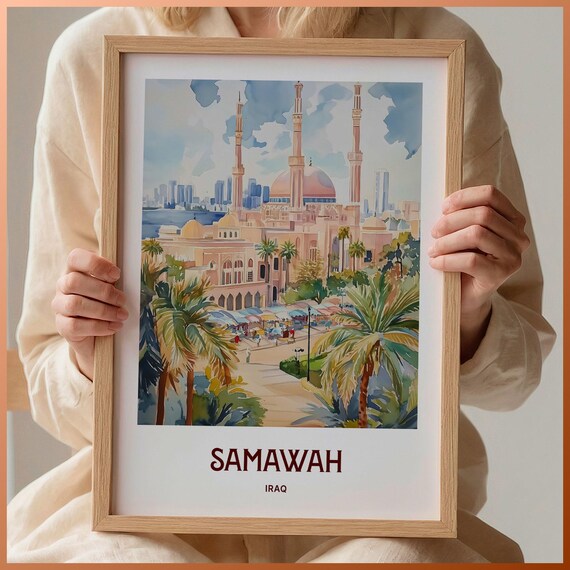 Samawah Iraq Watercolor Grand Mosque Minarets Palm Trees City Poster