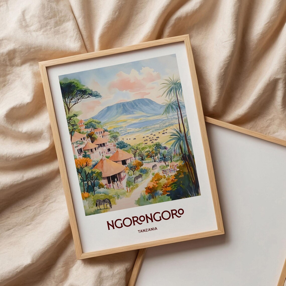 Ngorongoro Tanzania Watercolor Safari Zebras Elephants Crater View Poster - Image 3