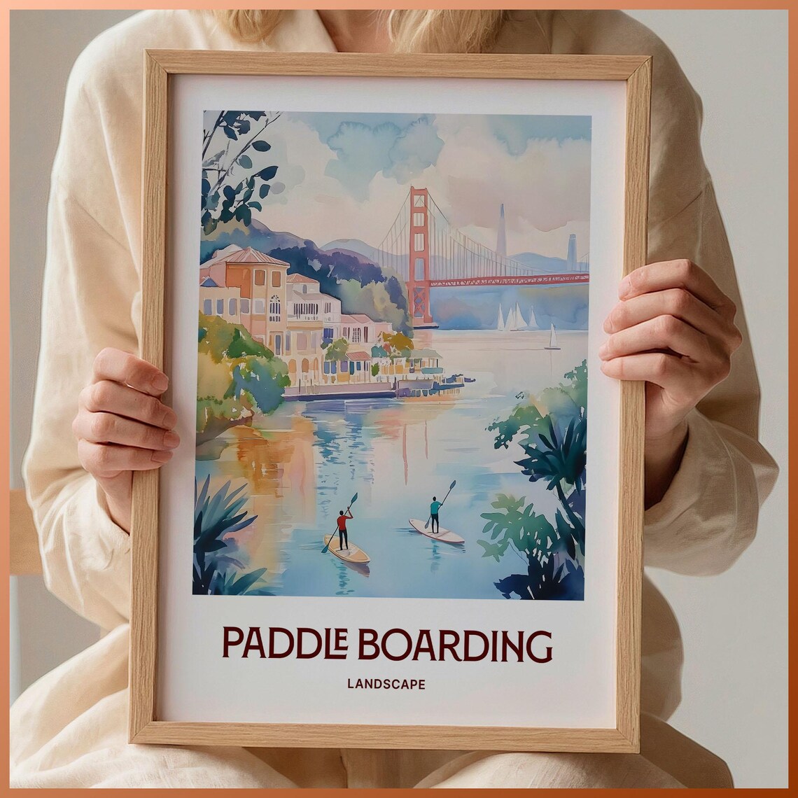 Paddle Boarding Golden Gate Bay Watercolor Travel Poster California