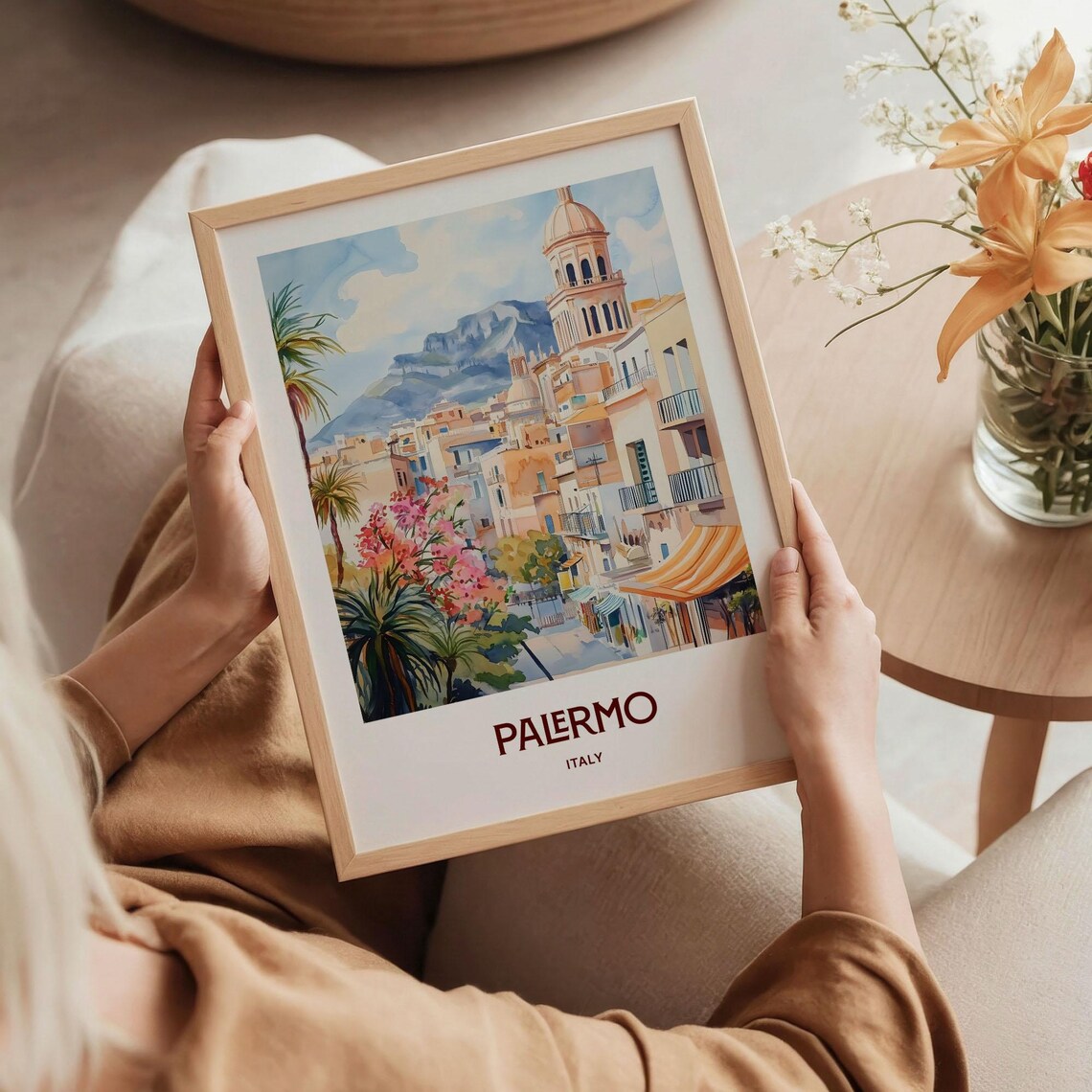 Palermo Italy Domed Street Palms Mountain Watercolor Travel Poster - Image 5