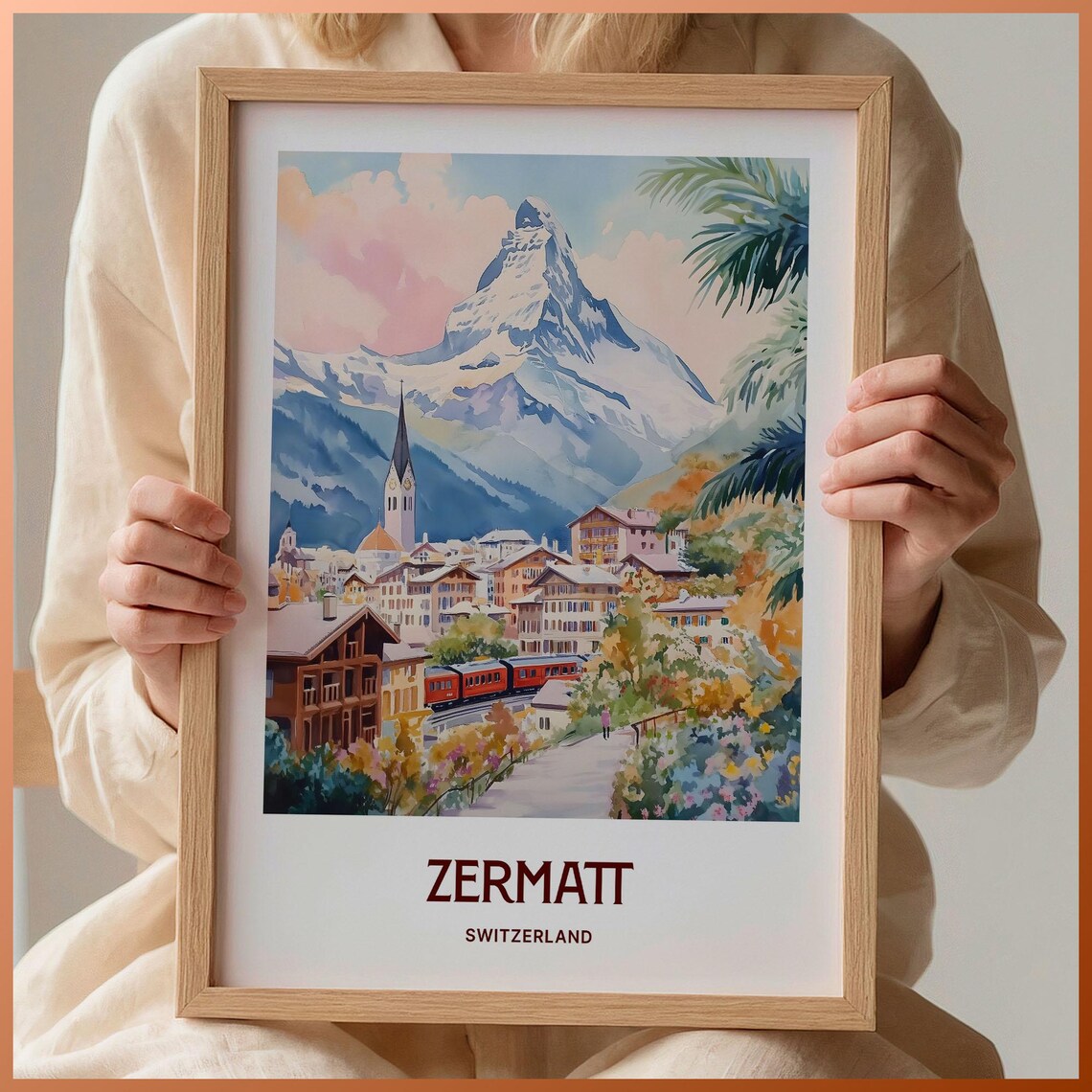 Zermatt Switzerland Watercolor Matterhorn Train Village Poster