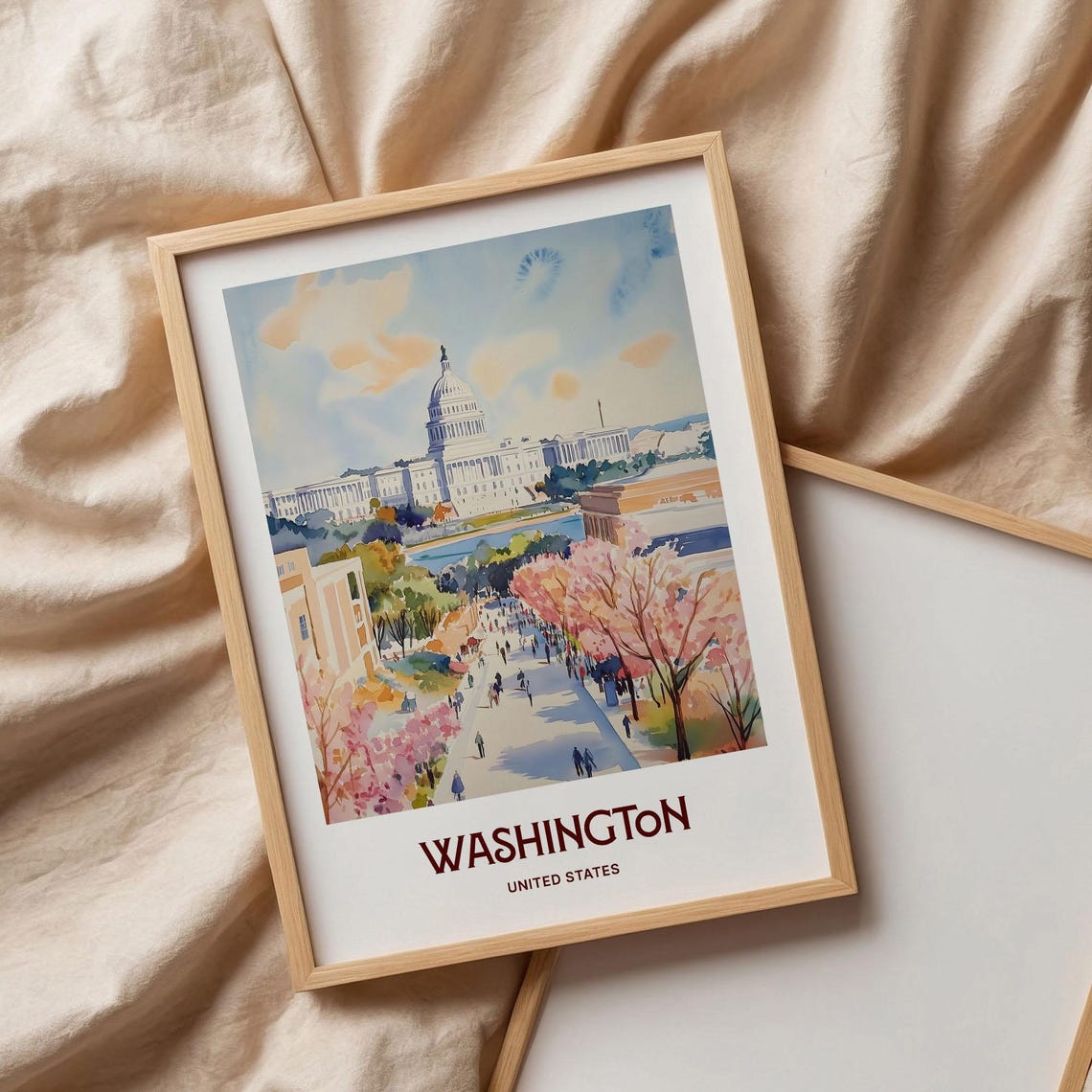 Washington DC Capitol Cherry Blossoms Watercolor Travel Poster - Image 3