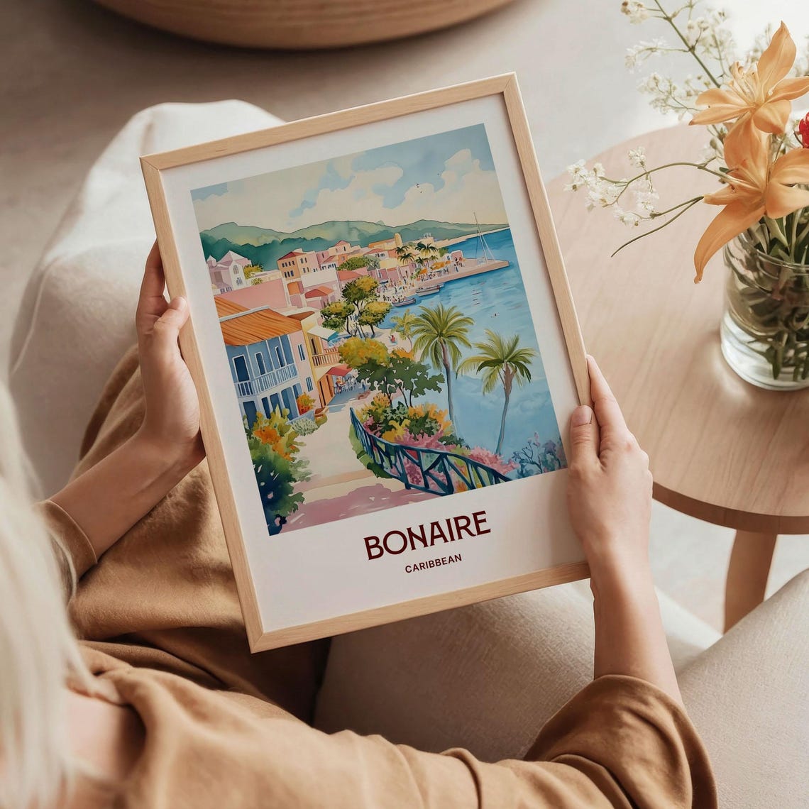 Bonaire Caribbean Waterfront Town Palms Sailboats Watercolor Poster - Image 5