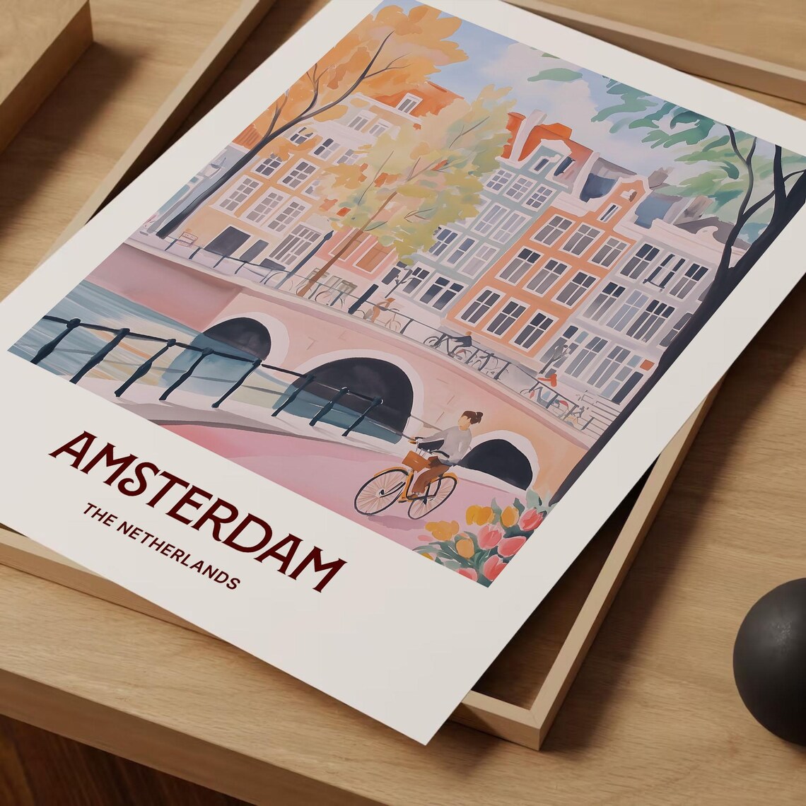 Amsterdam Netherlands Canal Bridge Cyclist Tulip Pastel Poster - Image 2