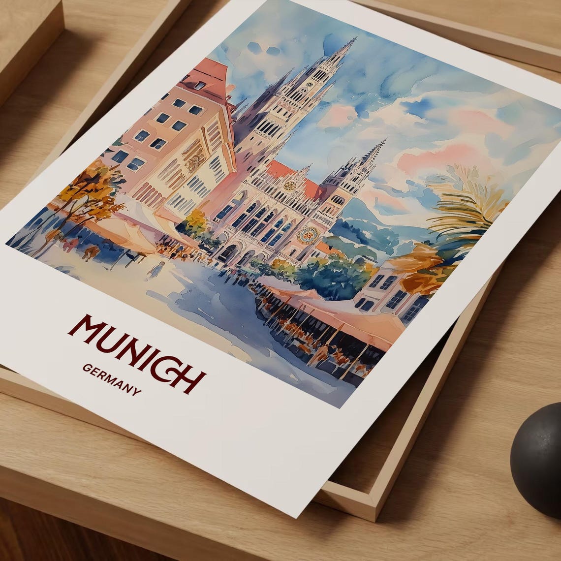 Munich Germany Marienplatz Town Hall Watercolor Travel Poster - Image 2