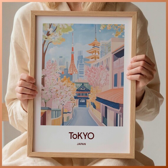 Tokyo Japan Tower Pagoda Cherry Blossom Street Travel Art Poster