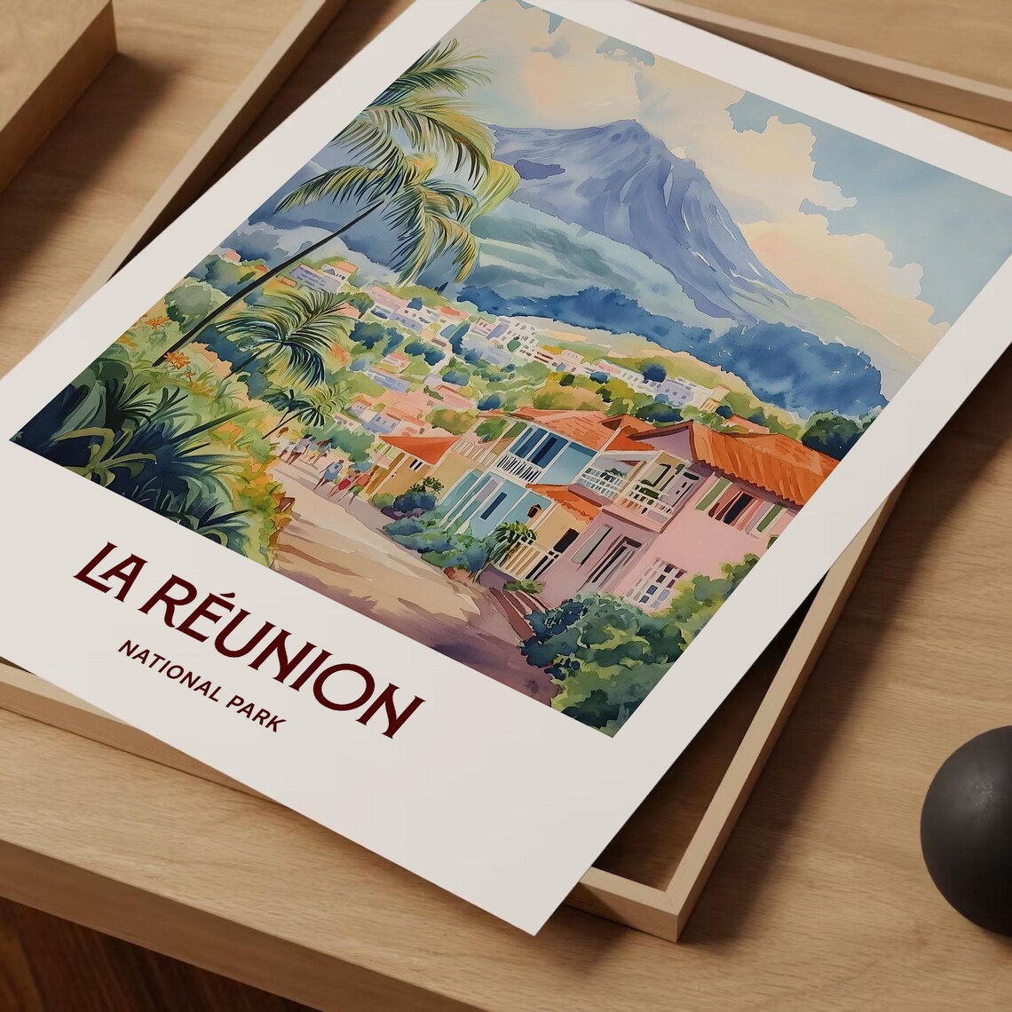La Reunion National Park Volcano Village Watercolor Island Poster - Image 2