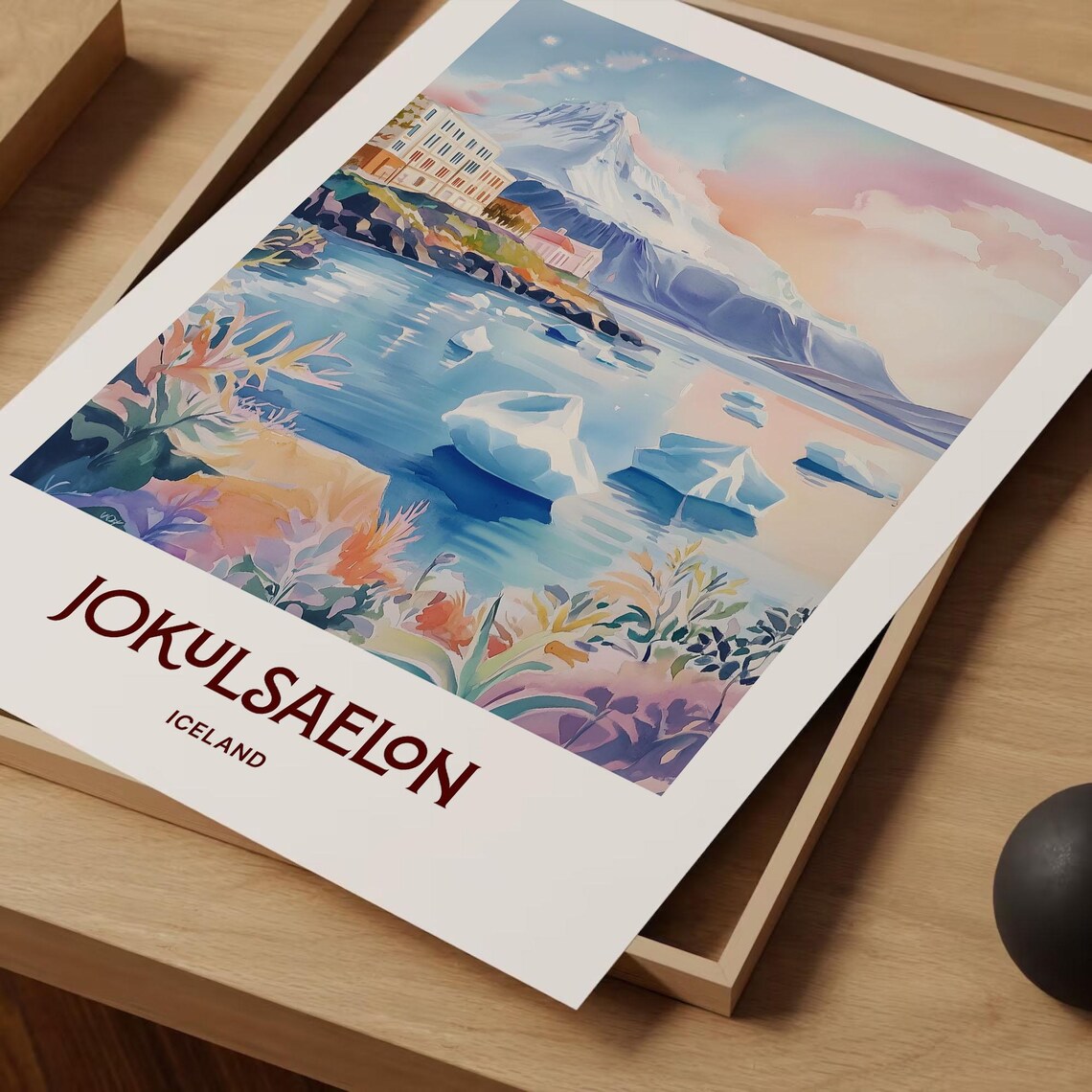 Jokulsaelon Iceland Watercolor Glacial Lagoon Icebergs Mountain View Poster - Image 2