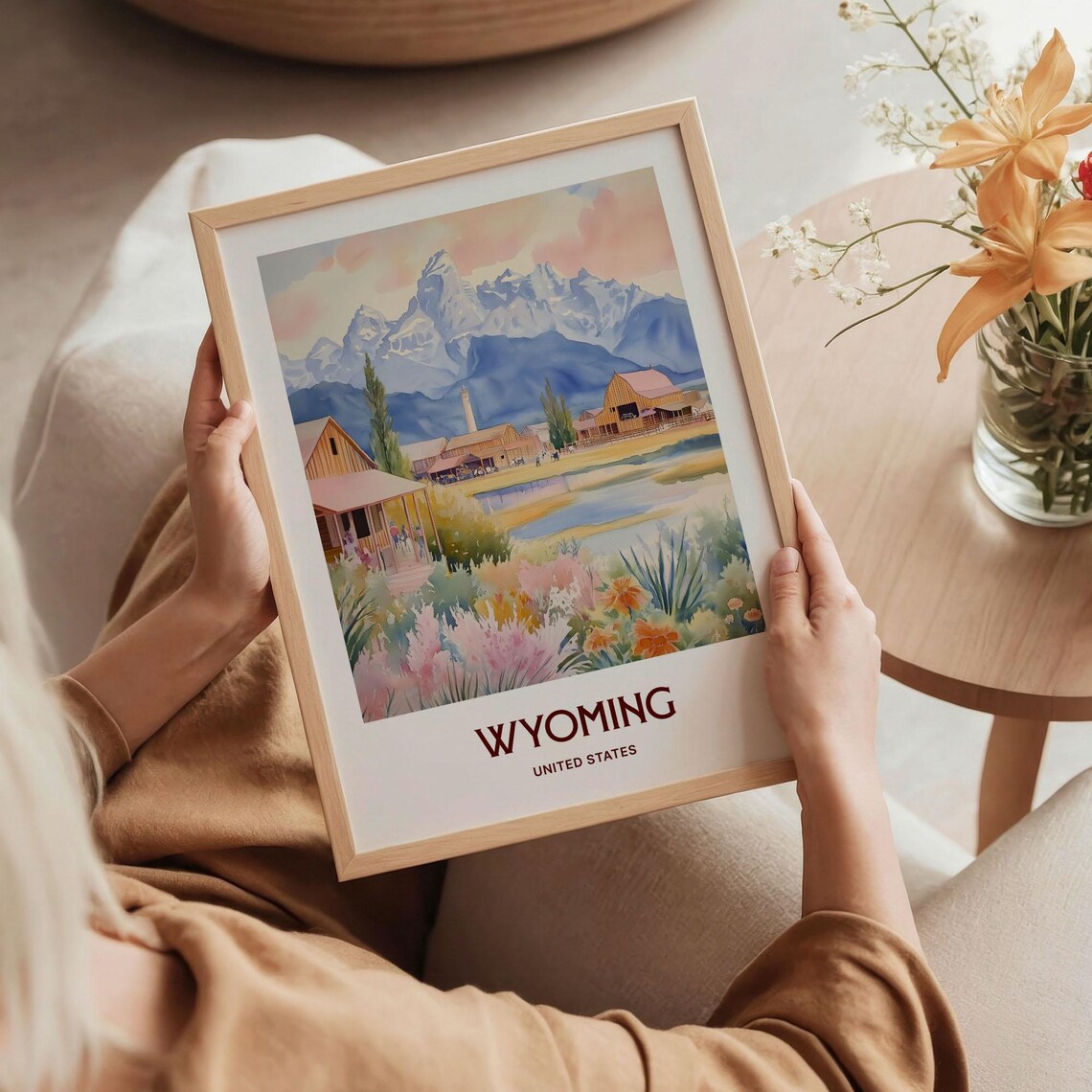 Wyoming Teton Mountains Ranch Barn Wildflowers Watercolor Travel Poster - Image 5