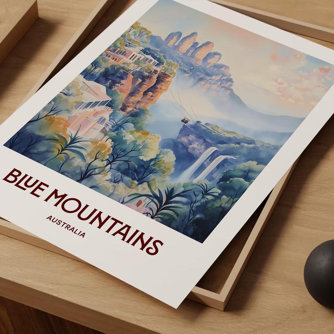 Blue Mountains Australia Cable Car Gorge Valley Pastel Art Poster - Image 2