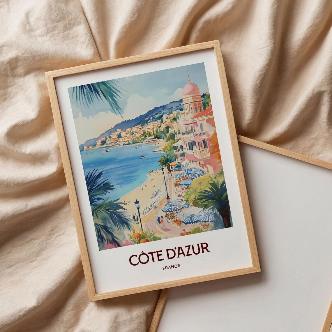 Cote d'Azur France Watercolor Riviera Beach Promenade Poster - Image 3