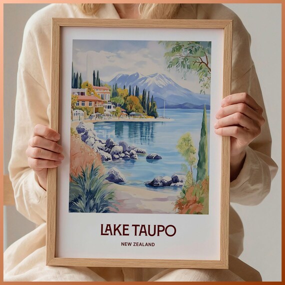 Lake Taupo New Zealand Cypress Lake Watercolor Serene Travel Poster Art