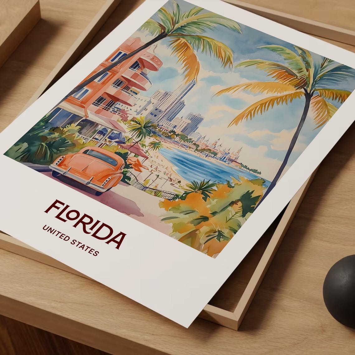 Florida Beachfront Boulevard Palm Trees Watercolor Poster Coast - Image 2