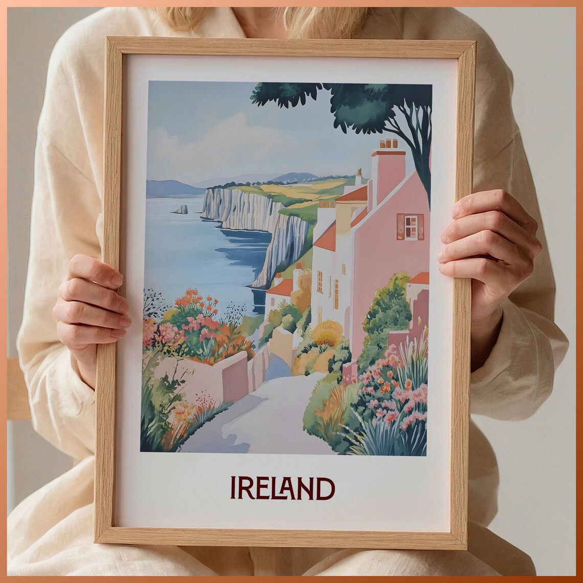 Ireland Pastel Coastal Cliffs Cottage Lane Landscape Art Poster