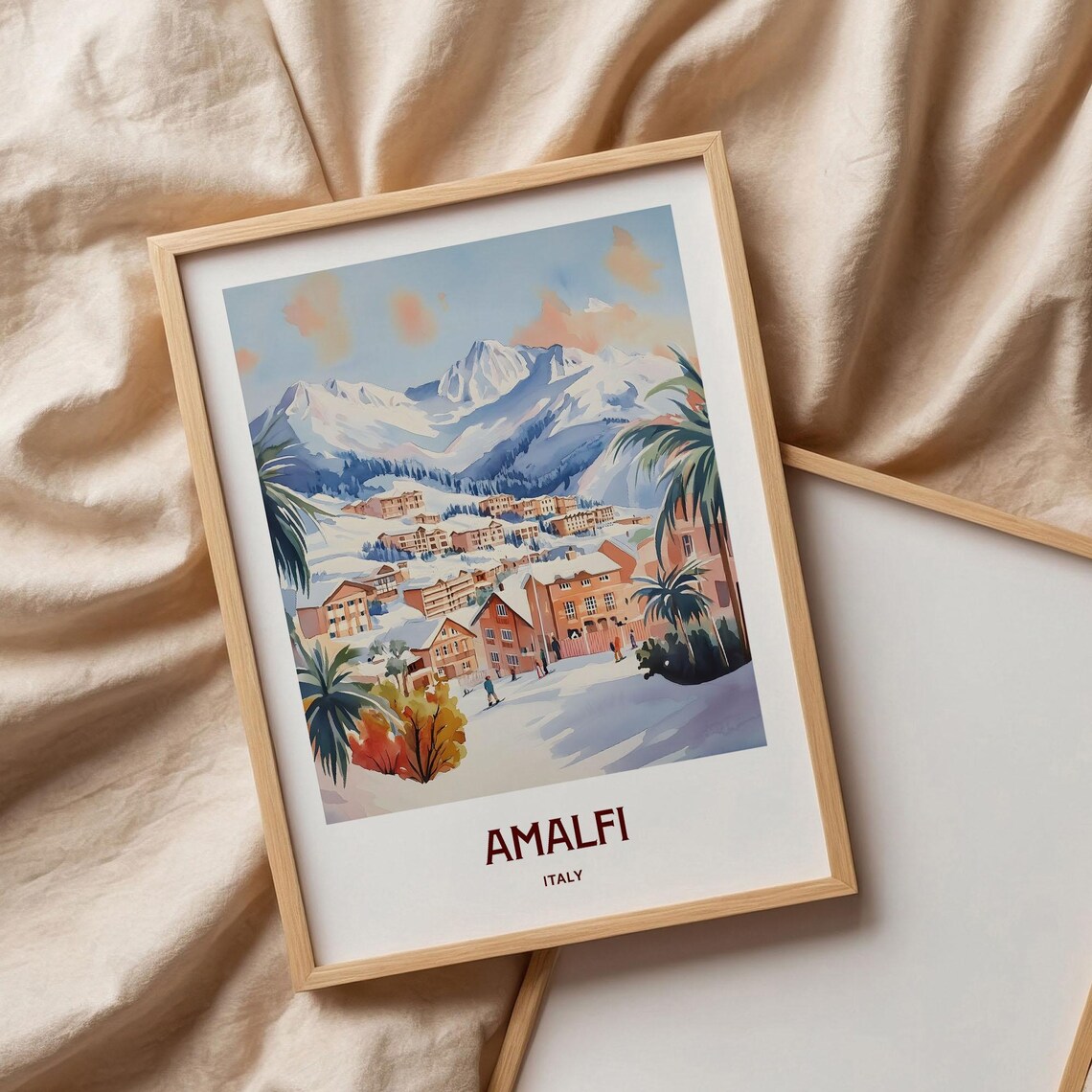 Amalfi Italy Watercolor Snowy Alpine Ski Village Winter Poster - Image 3