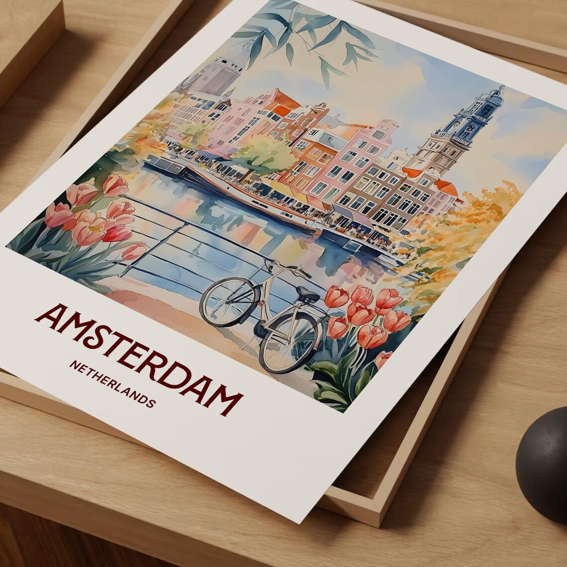 Amsterdam Netherlands Canal Bike Tulips Watercolor Travel Poster - Image 2