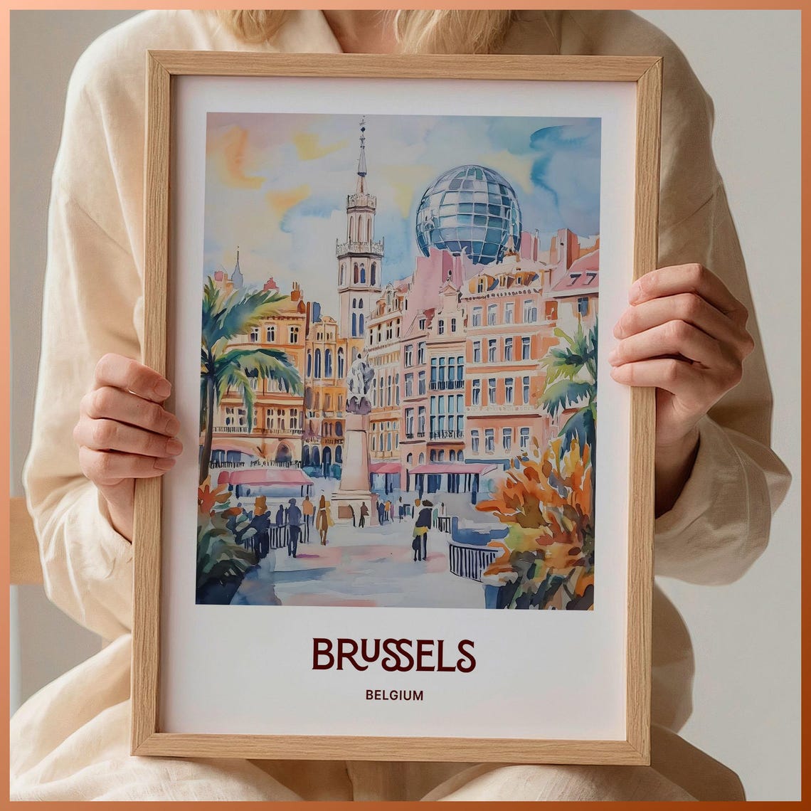 Brussels Belgium Watercolor Cityscape with Atomium Landmark Poster
