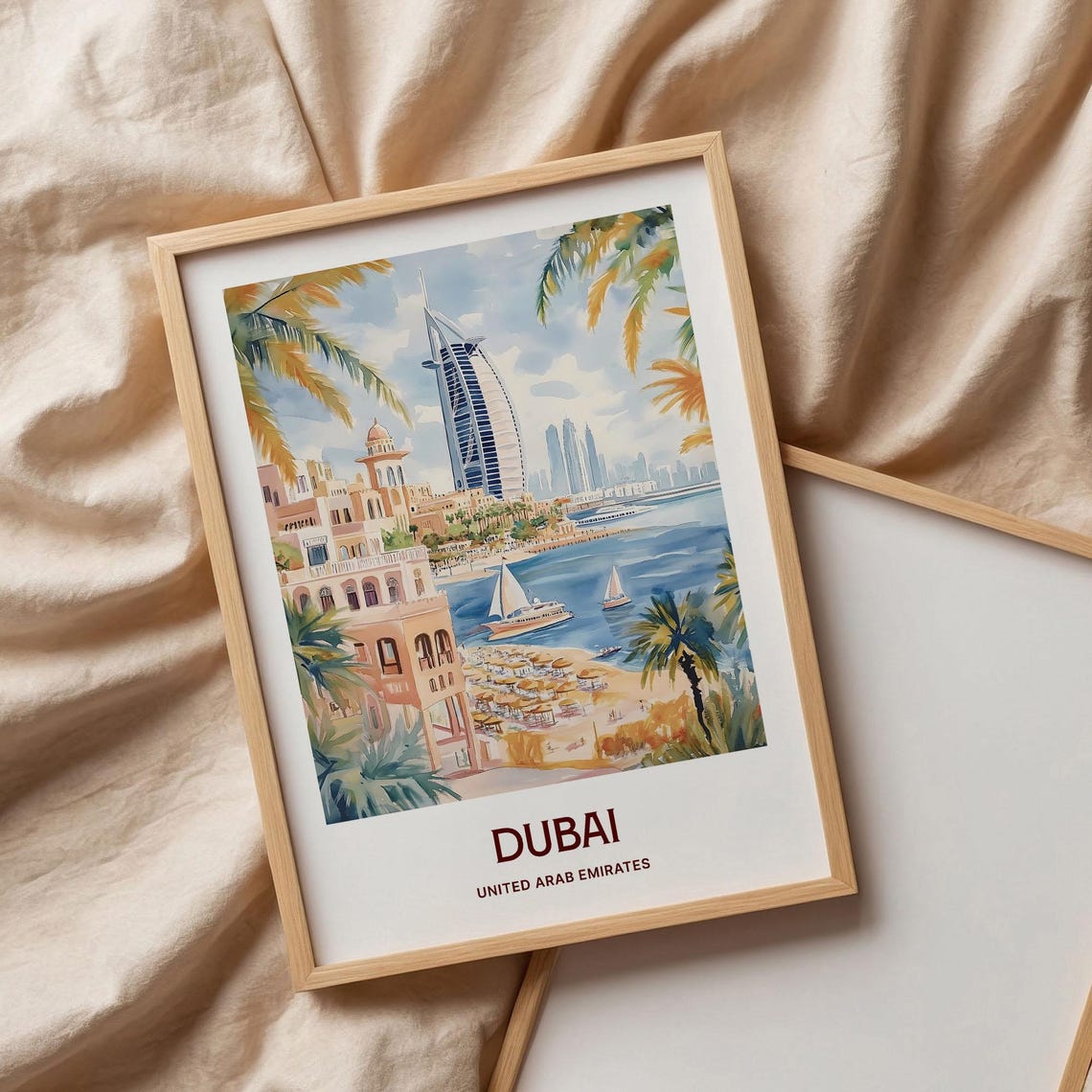 Dubai UAE Burj Al Arab Beach Marina Watercolor Travel Poster