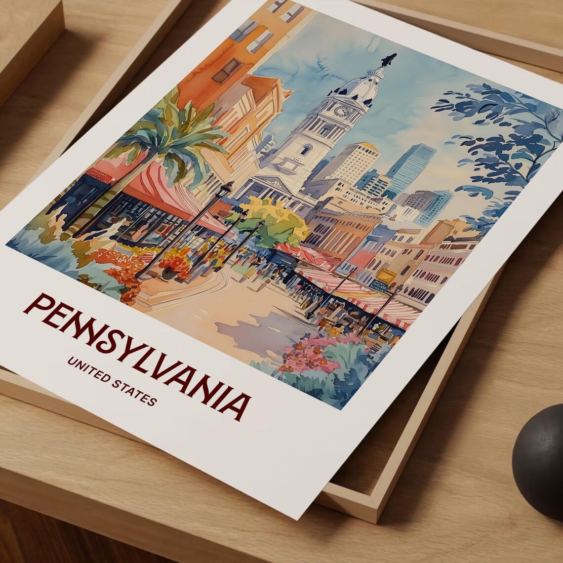 Philadelphia City Hall Historic Street Watercolor Travel Poster - Image 2
