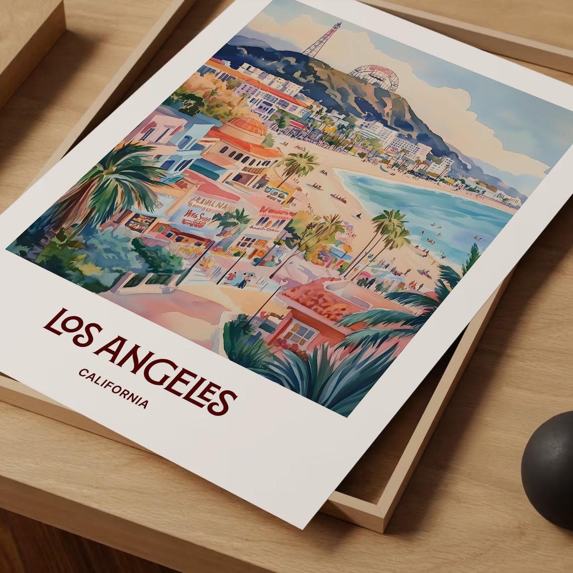 Los Angeles Beachfront Ferris Wheel Watercolor California Poster - Image 2