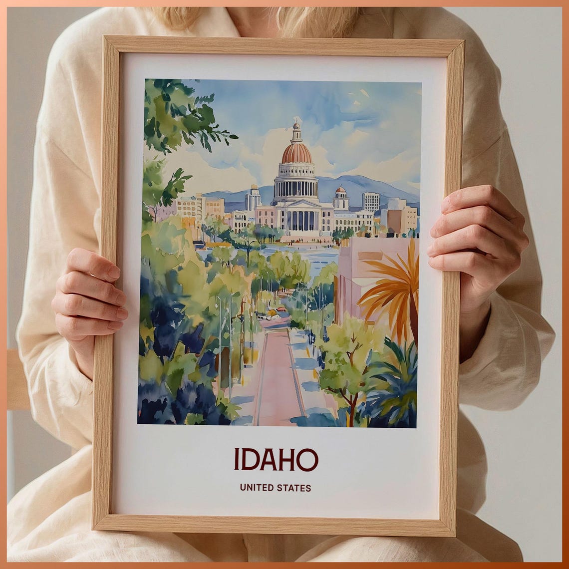 Idaho State Capitol Dome Tree Lined Watercolor Travel Poster