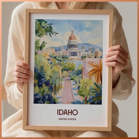 Idaho State Capitol Dome Tree Lined Watercolor Travel Poster