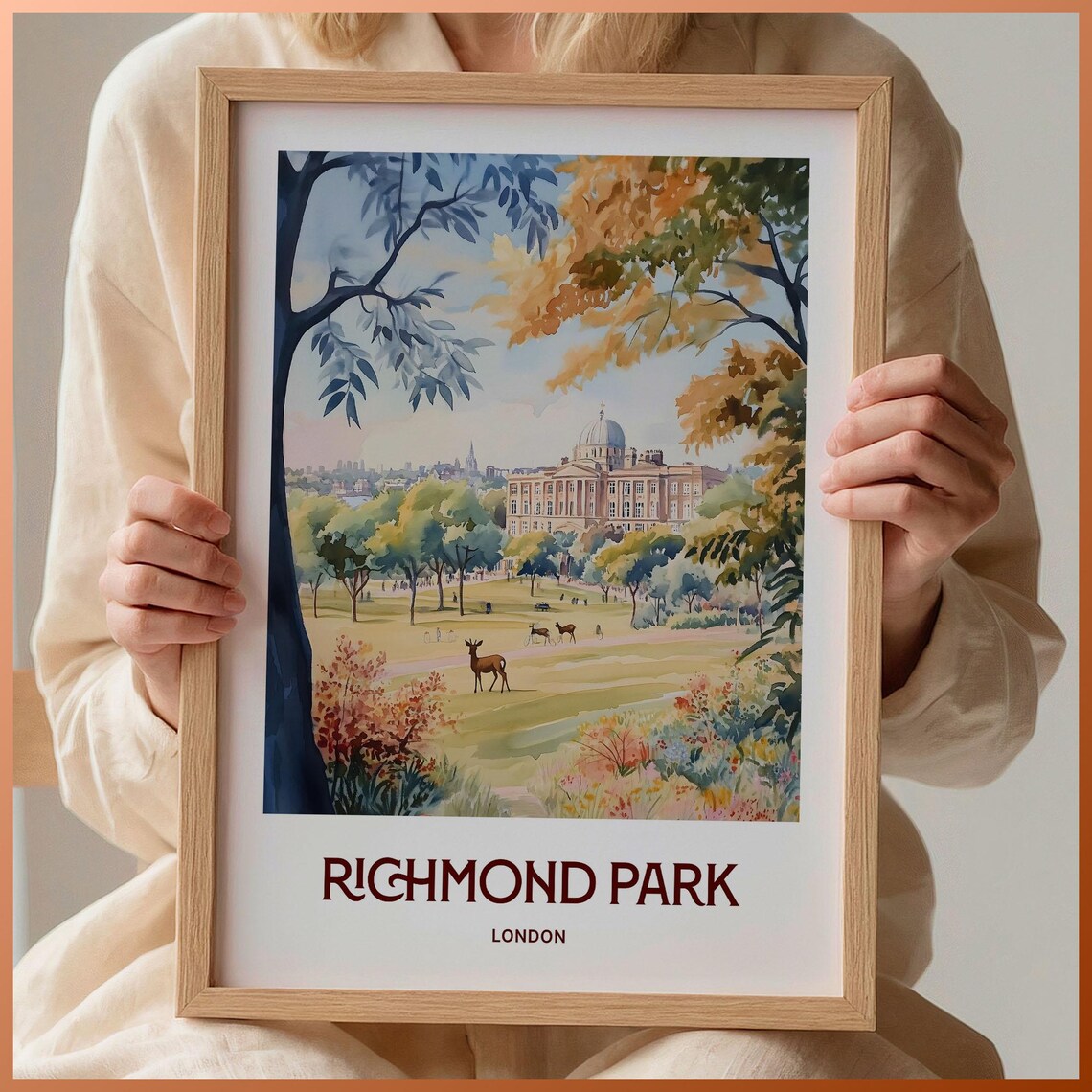 Richmond Park London Watercolor Deer Autumn Meadow Manor Travel Poster