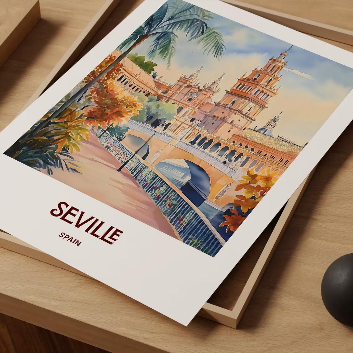 Seville Spain Plaza de Espana Tower Bridge Watercolor Travel Poster - Image 2
