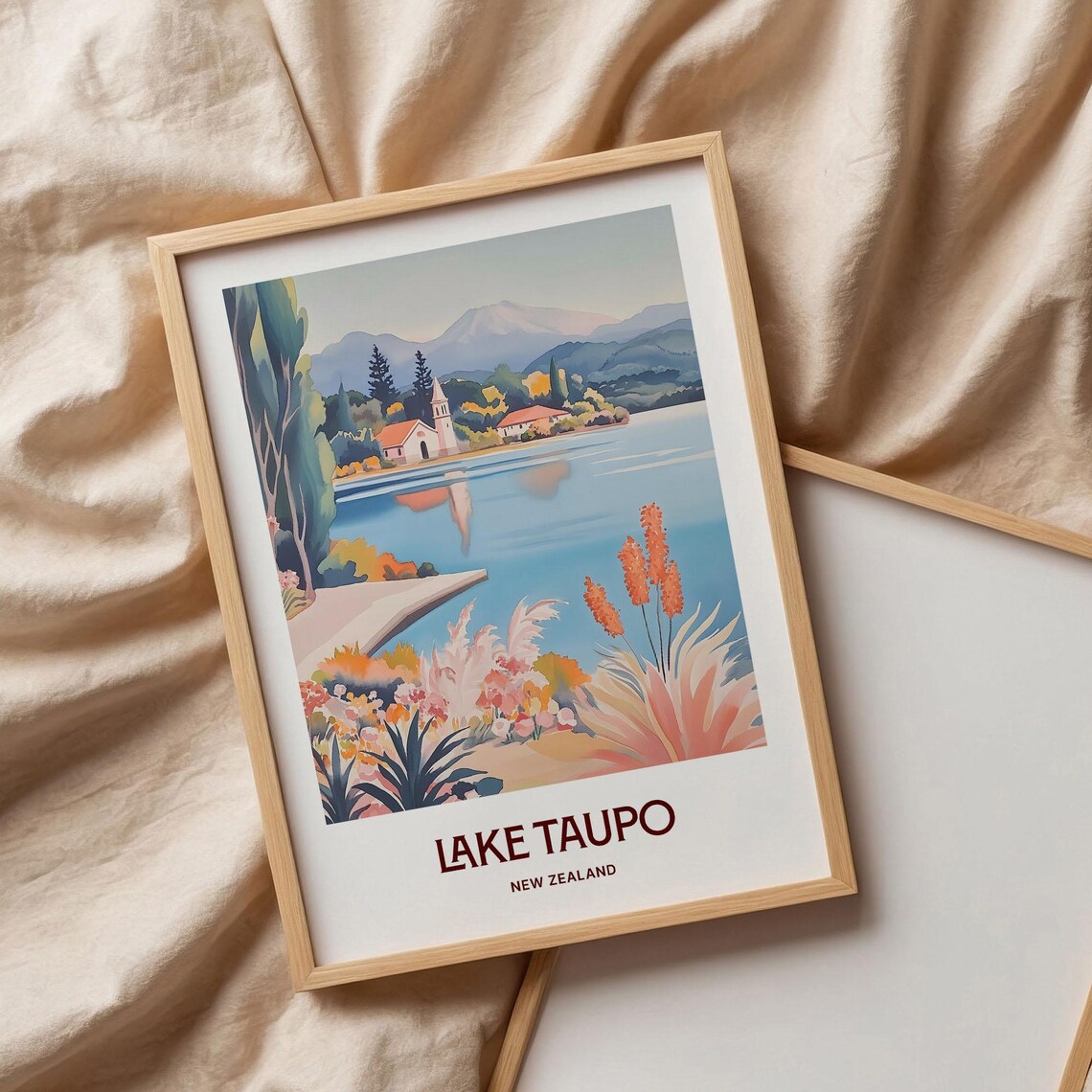 Lake Taupo New Zealand Lakeside Church Mountain Travel Poster - Image 3